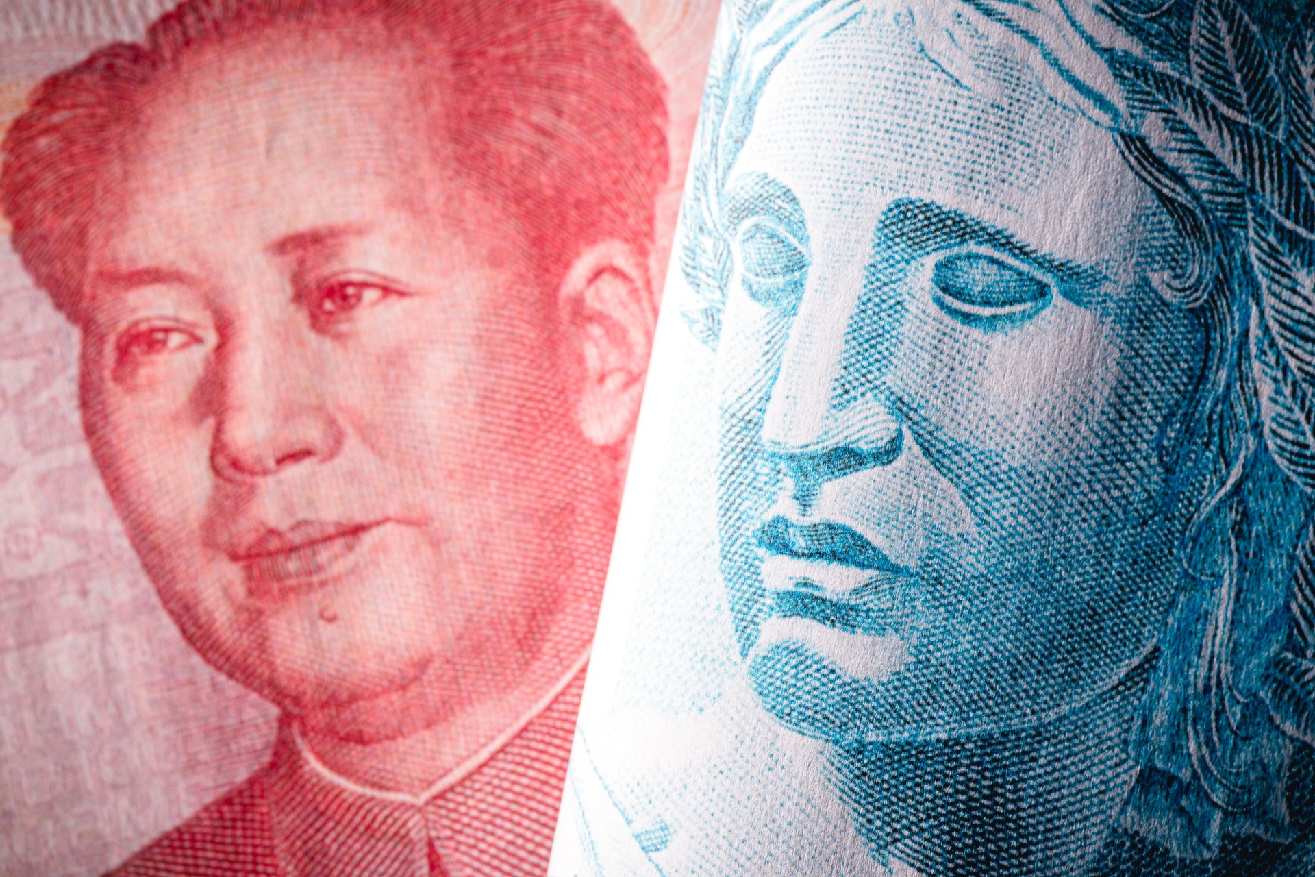 real, dollar and yuan currency, crisis and economic tension between china, brazil and the usa. Fund, banknotes, money from Brazil